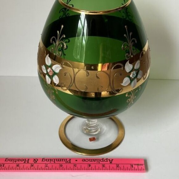 Vtg Empoli Green Glass Gilded Hand Painted Pedestal Vase Brandy Snifter MCM 11" - Picture 10 of 10
